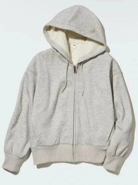 Uniqlo Gray/Tan Heather Zip Front Fleece Lined Hoodie Jacket Small